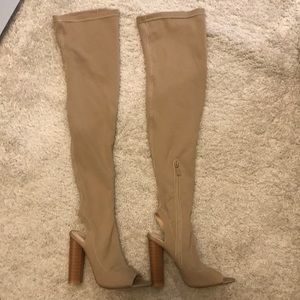 Knee high tan spandex boot